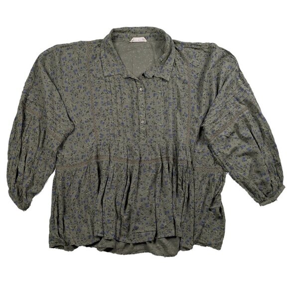 Lucky Brand Floral Popover Boho Blouse Sage Green with Blue Flowers Size Large - Picture 1 of 7